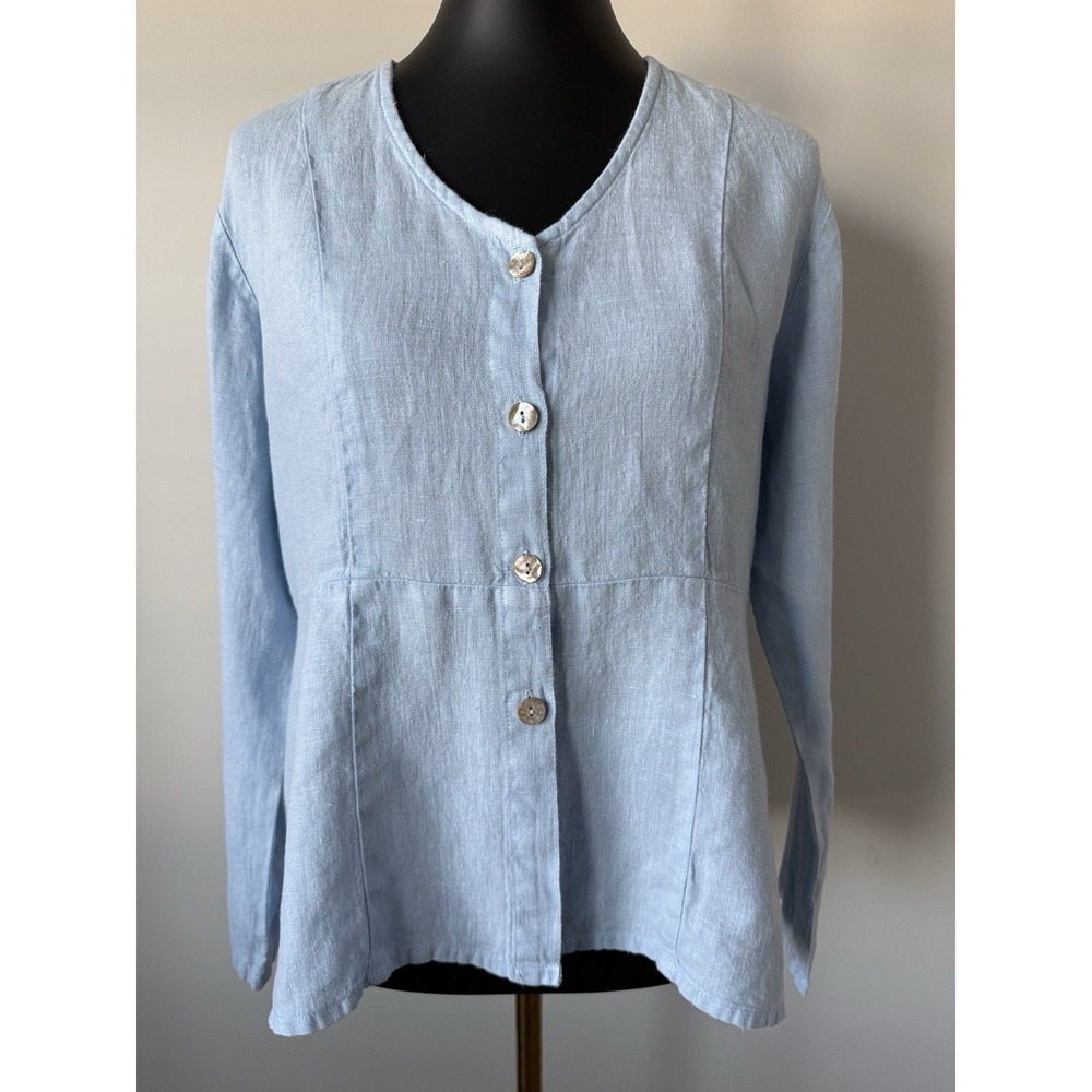Monterey Bay Women's S Blue 100% Linen Top Mother Of Pearl Buttons Boho